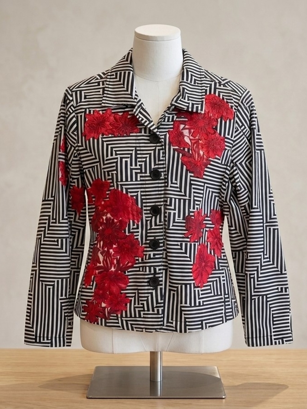 Black & White Geometric Jacket with Red Floral Appliqué Pre-owned (PL )
